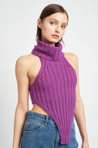 Trendy turtle neck sweater by Emory Park in vibrant purple with unique side cutouts