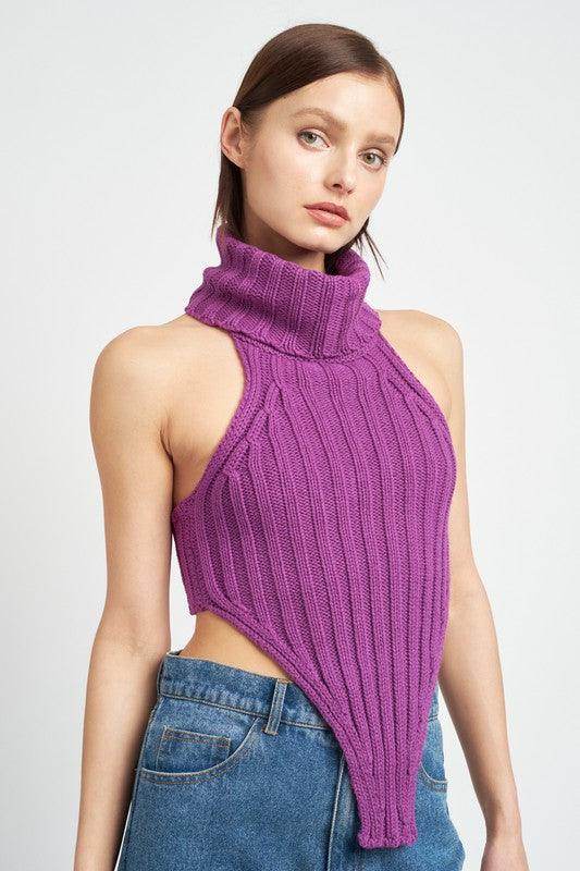 Trendy turtle neck sweater by Emory Park in vibrant purple with unique side cutouts