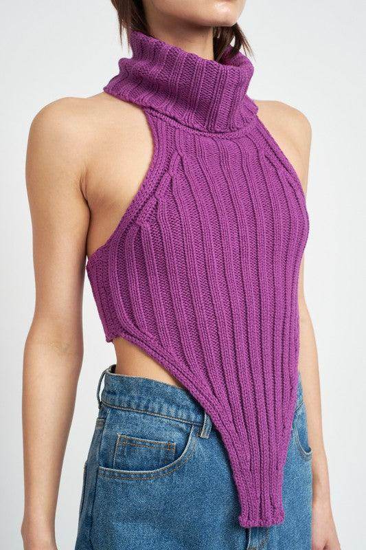 Emory Park trendy turtle neck sweater in purple with a unique cut and ribbed texture