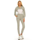 Andante USA trendy two-piece outfit with a cropped hoodie and fitted joggers in gray