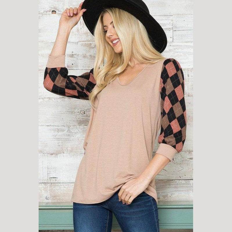 Acting Pro trendy V neck top for vacations with plaid sleeves, perfect for casual outdoor wear