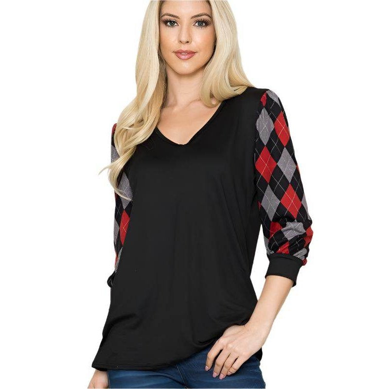 Trendy V neck top for vacations featuring black body and red argyle patterned sleeves