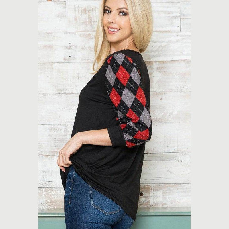 Acting Pro Women's Black Shirt with Plaid Sleeves, a trendy V neck top for vacations