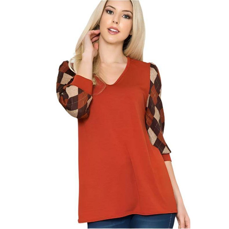Women's trendy V neck top for vacations with stylish plaid sleeves in orange and beige