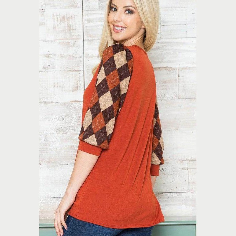 Acting Pro women's trendy V neck top for vacations with stylish patterned sleeves in orange