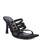 Elegant black heeled sandals with multiple straps and buckle details, perfect trendy vacation footwear