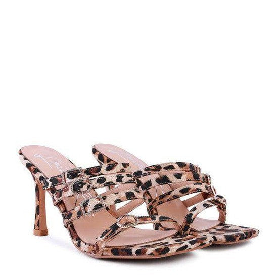 Rag Company trendy vacation footwear, stylish leopard print heels with multiple straps and a chic design.