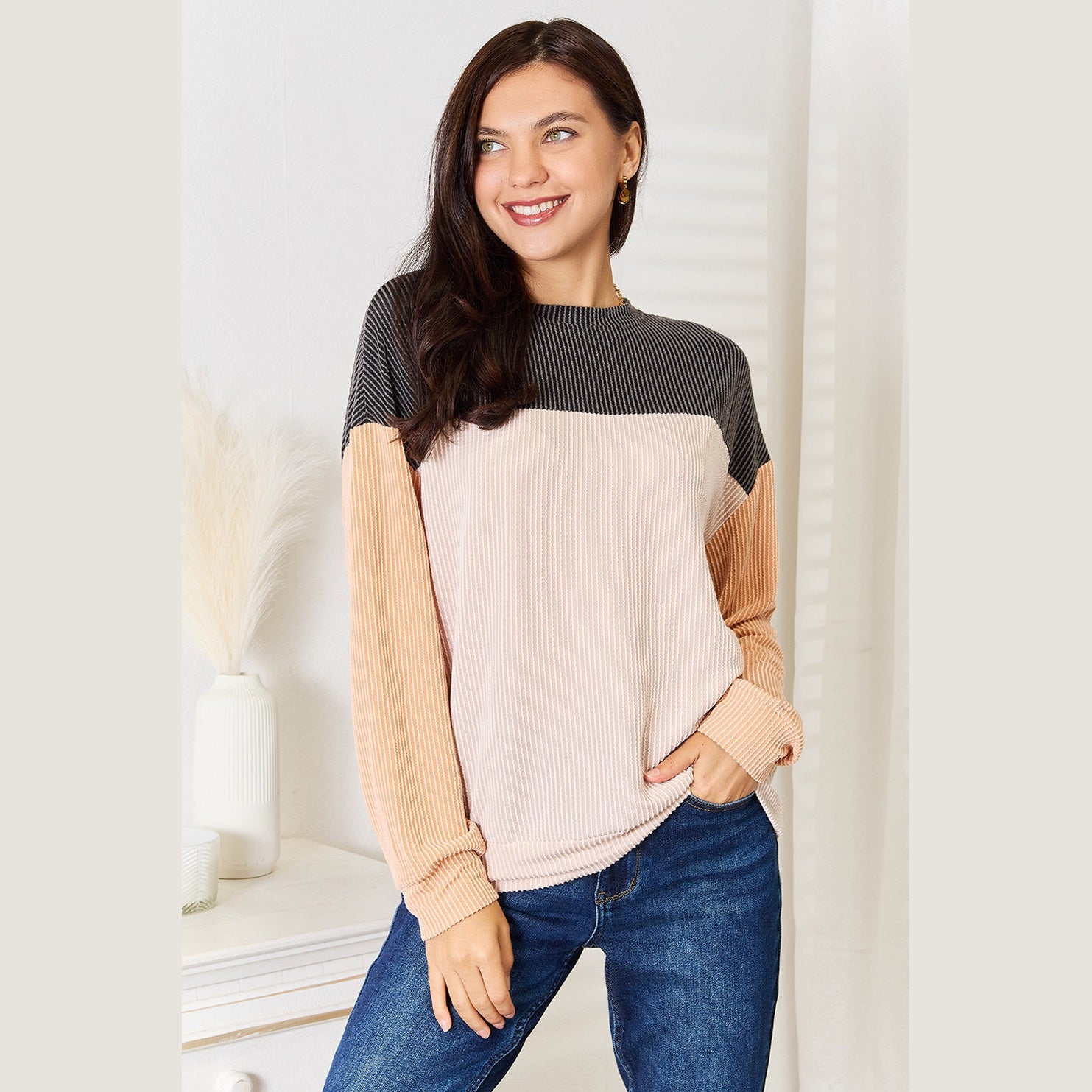 Trendy vacation style shirt with ribbed design and multi-color sleeves for women