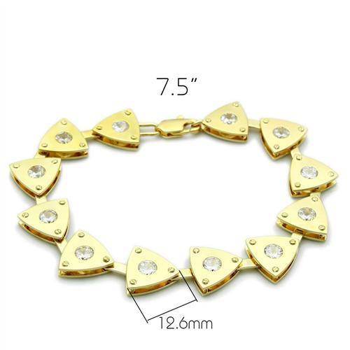 Stylish triangle charm gold bracelet featuring sparkling gems, 7.5 inches long