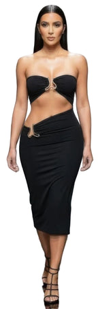 Women's black triangular cutout midi dress, perfect for clubwear events