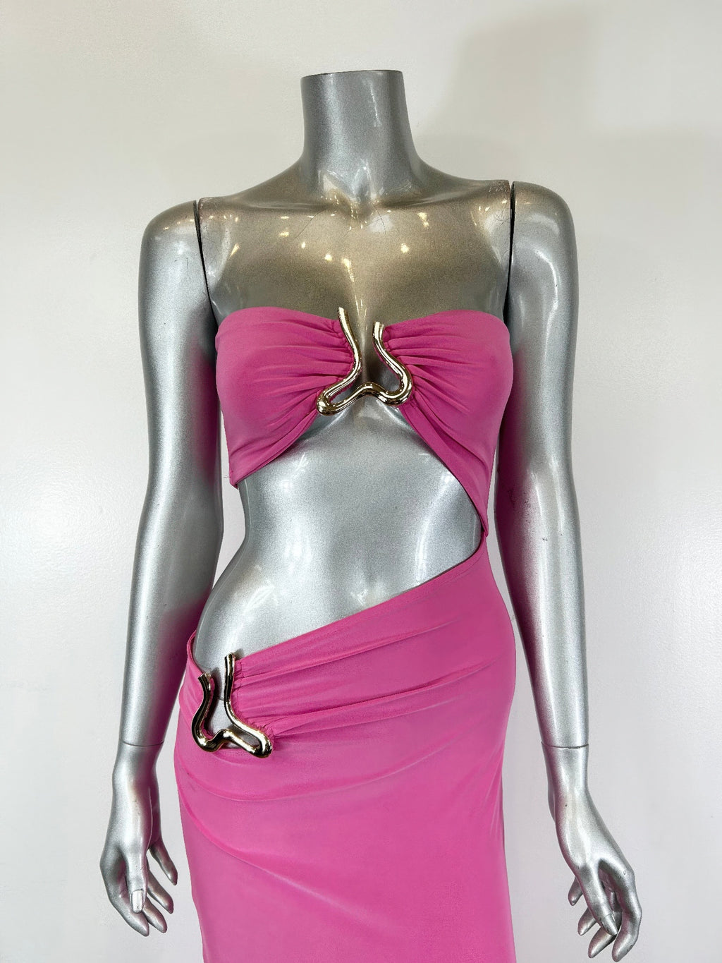 Women's pink triangular cutout midi dress, perfect for clubwear