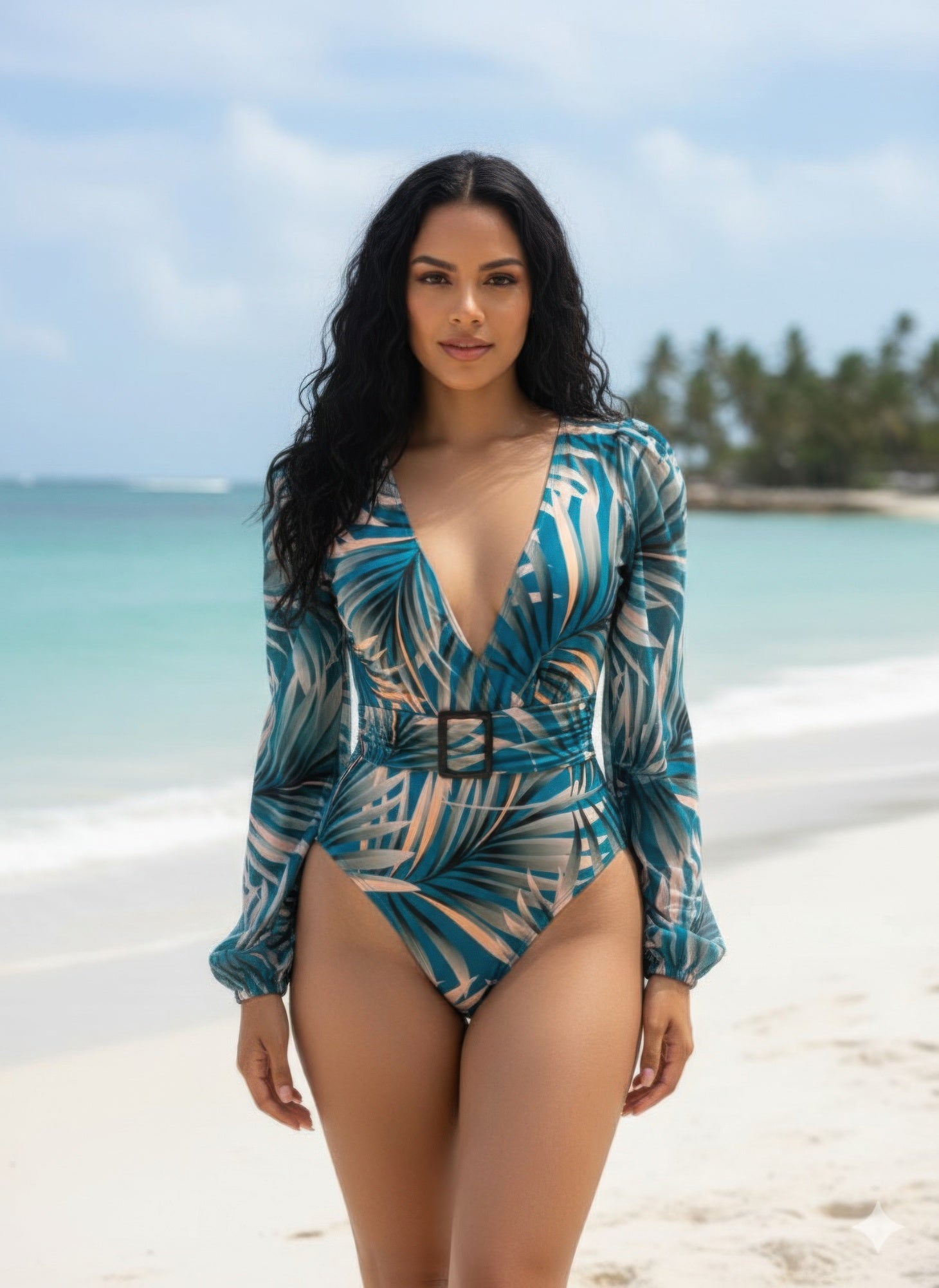 VacationGrabs tropical long sleeve swimsuit featuring a plunge neckline and belt, perfect for beach outings