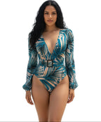 VacationGrabs tropical long sleeve swimsuit in blue with palm leaf design and flattering plunge neckline