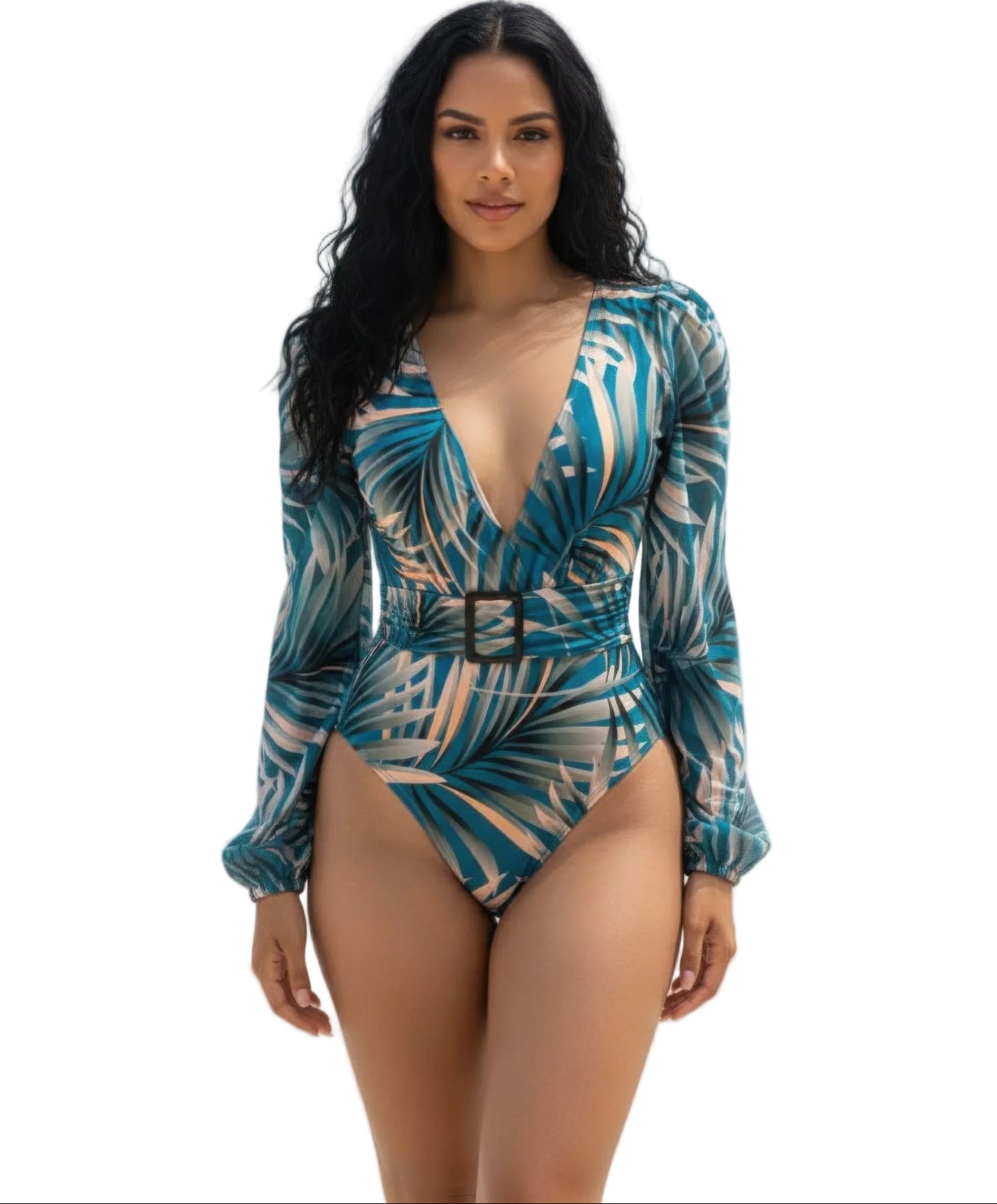 VacationGrabs tropical long sleeve swimsuit in blue with palm leaf design and flattering plunge neckline