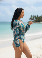 Stylish tropical long sleeve swimsuit with puff sleeves, perfect for beach days and summer vacations
