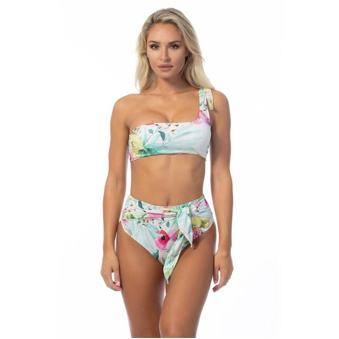 Beach Joy Bikini tropical one shoulder bikini set with floral print and high waist bottoms