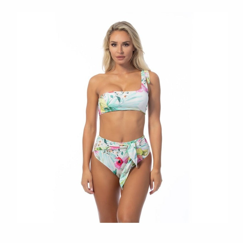 Beach Joy Bikini tropical one shoulder bikini set with floral print and high waist bottoms