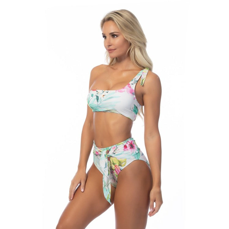 Beach Joy Bikini tropical one shoulder bikini set with floral print on model