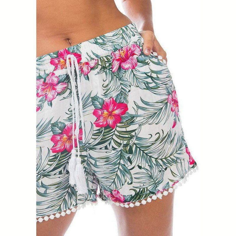 Rag Company tropical pom pom shorts with vibrant floral print and tassel drawstring detail