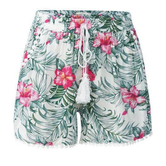 Rag Company tropical pom pom shorts with floral pattern and adjustable drawstring waistband