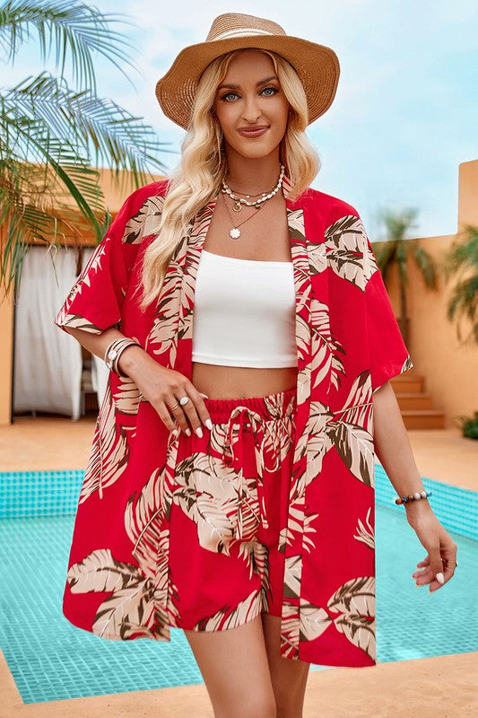 Women's tropical print dress in red, perfect for summer outings
