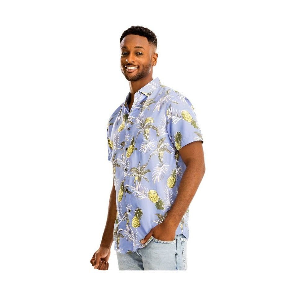 WEIV Men's Tropical Print Vacation Shirt in Blue with Pineapple and Palm Tree Design