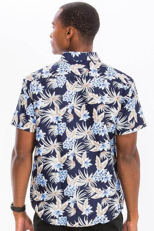 WEIV Men's Button Down Tropical Shirts in Navy with Floral Print for Casual Wear