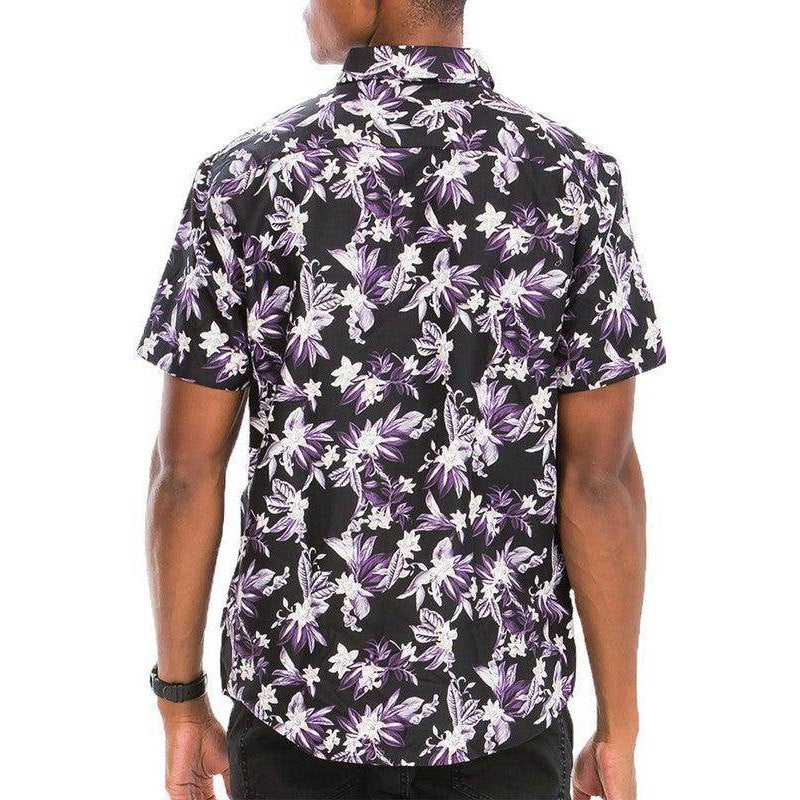 WEIV Men's Tropical Vacation Shirt in Black with Purple Floral Print for Online Summer Style
