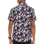 WEIV Men's Tropical Vacation Shirt in Black with Purple Floral Print for Online Summer Style