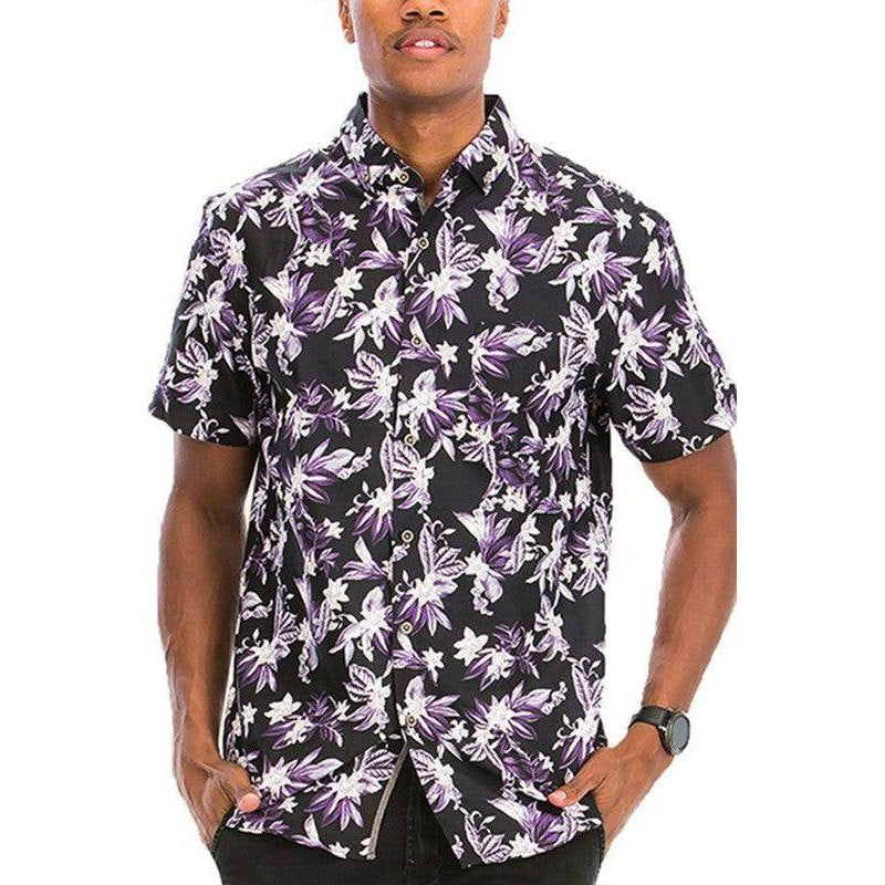WEIV Men's Tropical Vacation Shirt Online in Black and Purple Floral Print for Casual Wear