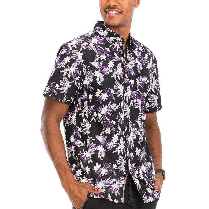 WEIV Men's Tropical Vacation Shirt in Black with Purple Floral Design, perfect for tropical vacation shirts online