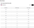 Size guide chart for US shoe sizes with corresponding foot lengths in centimeters