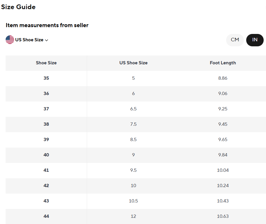 Size guide chart for US shoe sizes with corresponding foot lengths in centimeters