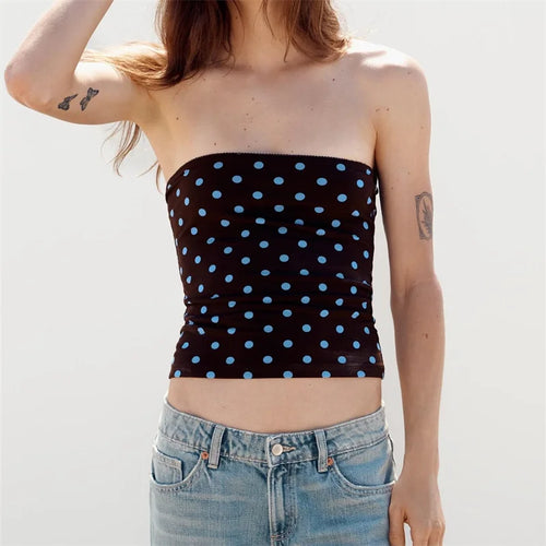 Women's black tube top with blue polka dots, perfect for summer outings