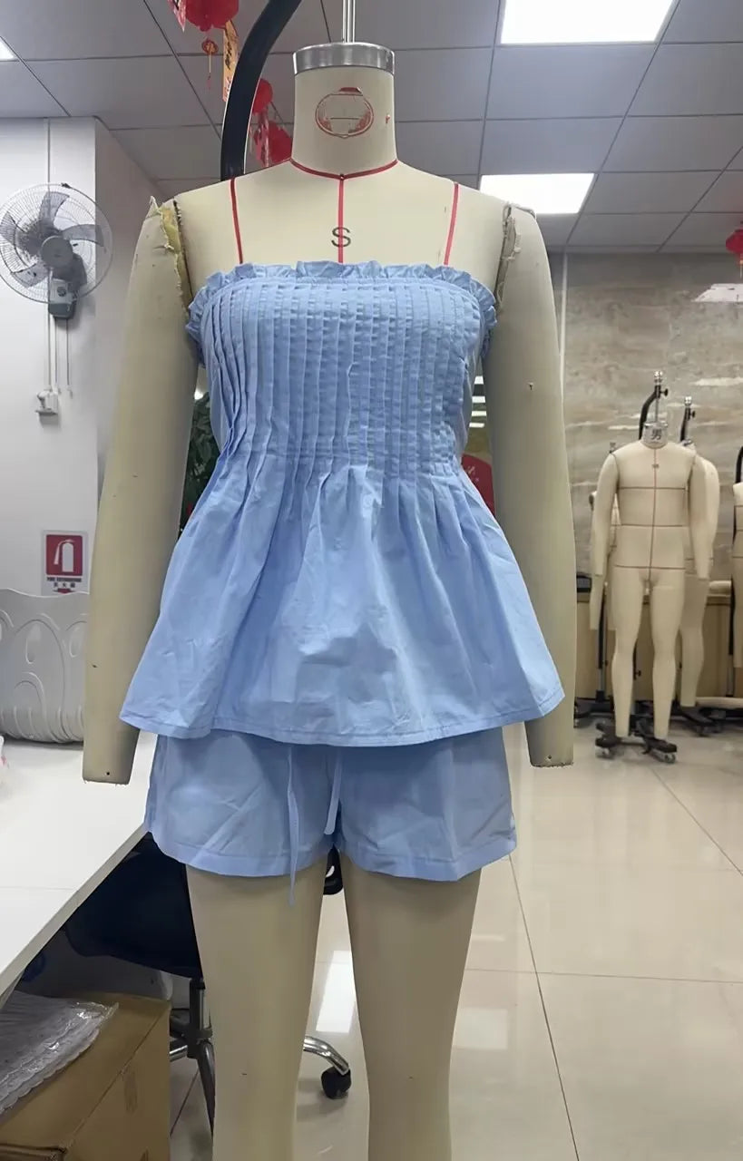 Women's light blue tube top and shorts set, perfect for summer outings