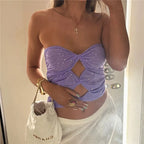 Purple tube top with rhinestone detail, perfect for summer outings