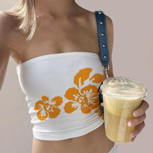 Women's white tube top with yellow floral print for summer outings