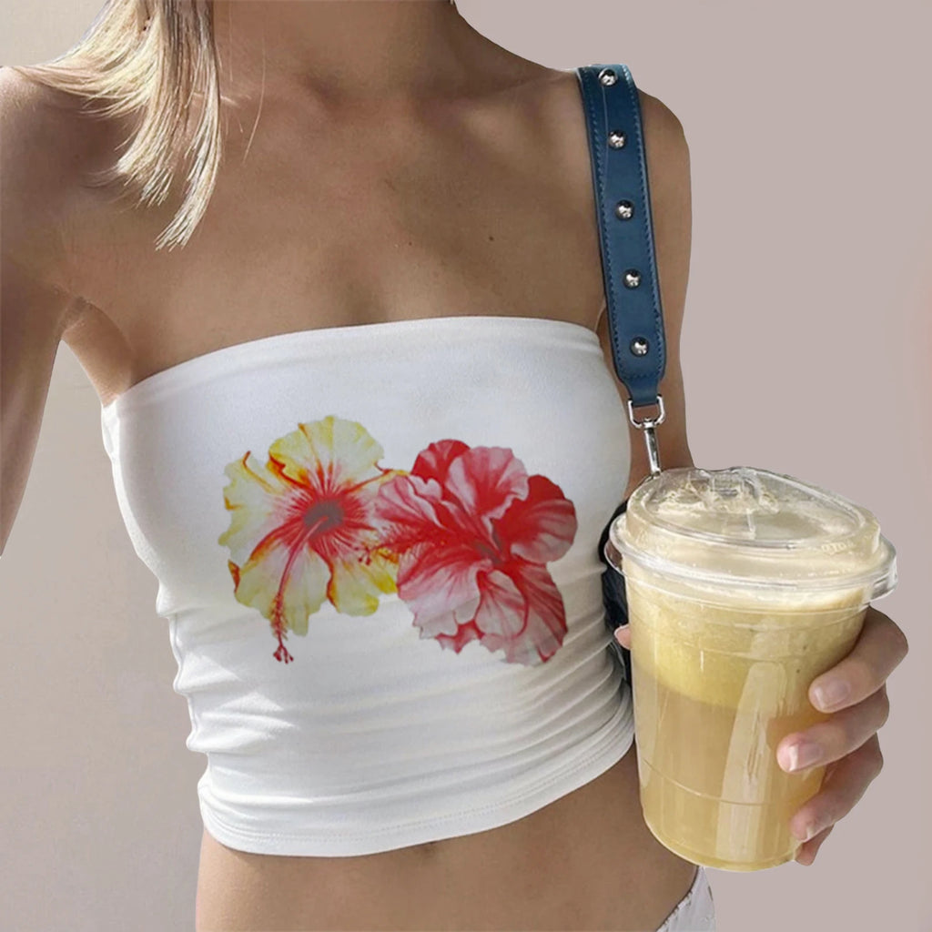 Women's white tube top with floral print, perfect for summer outings