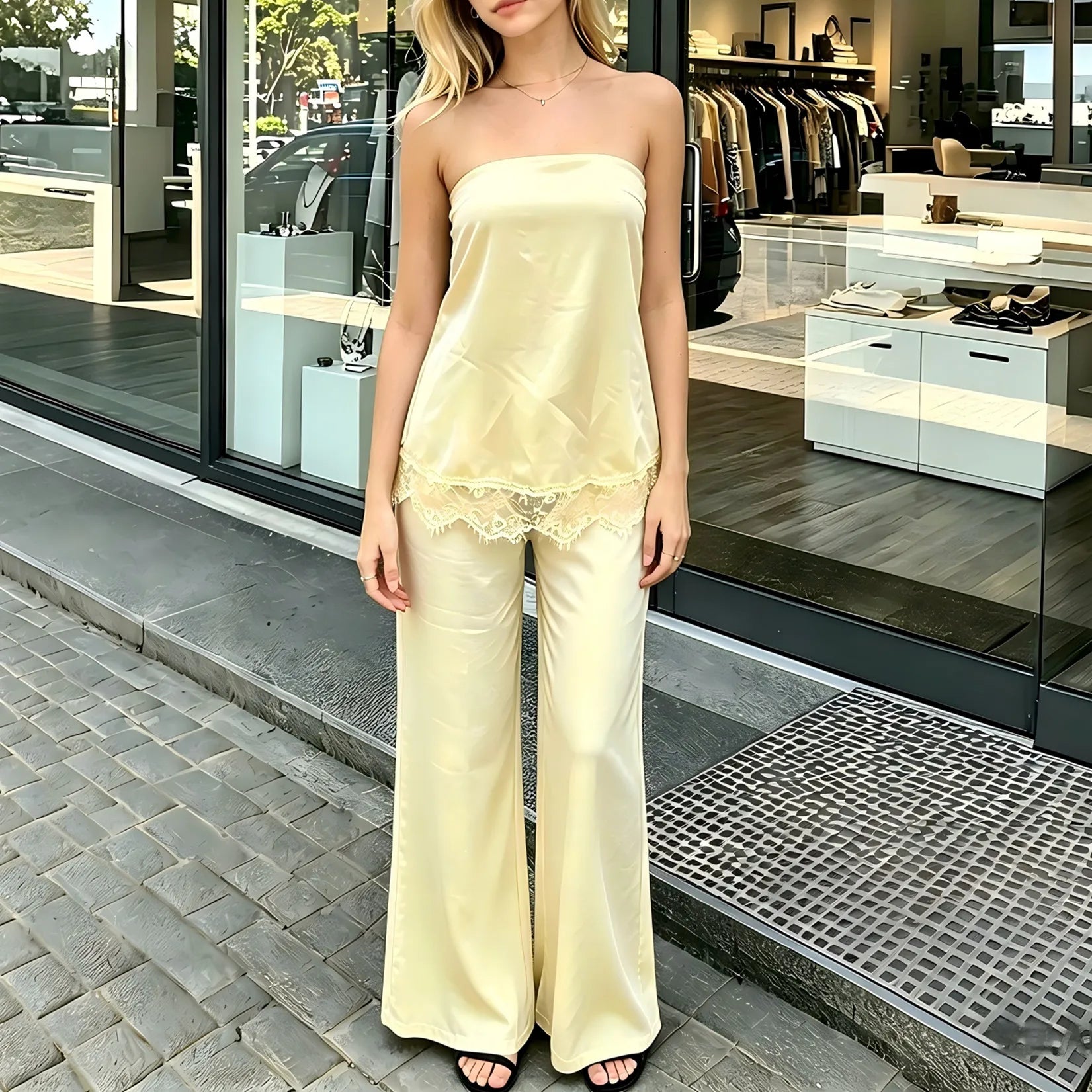 Women's yellow satin tube top, perfect for summer outings