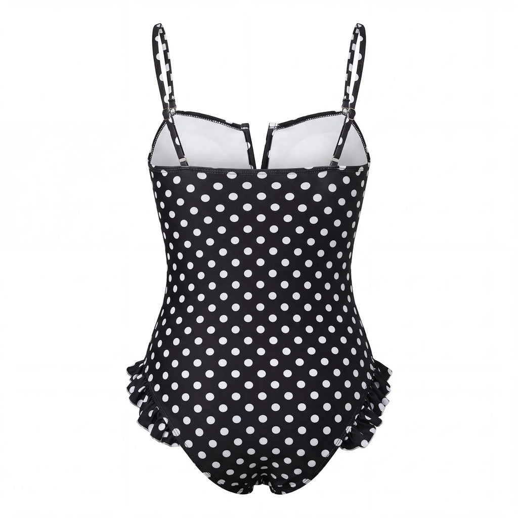 Black polka dot tummy control swimsuit for beach outings