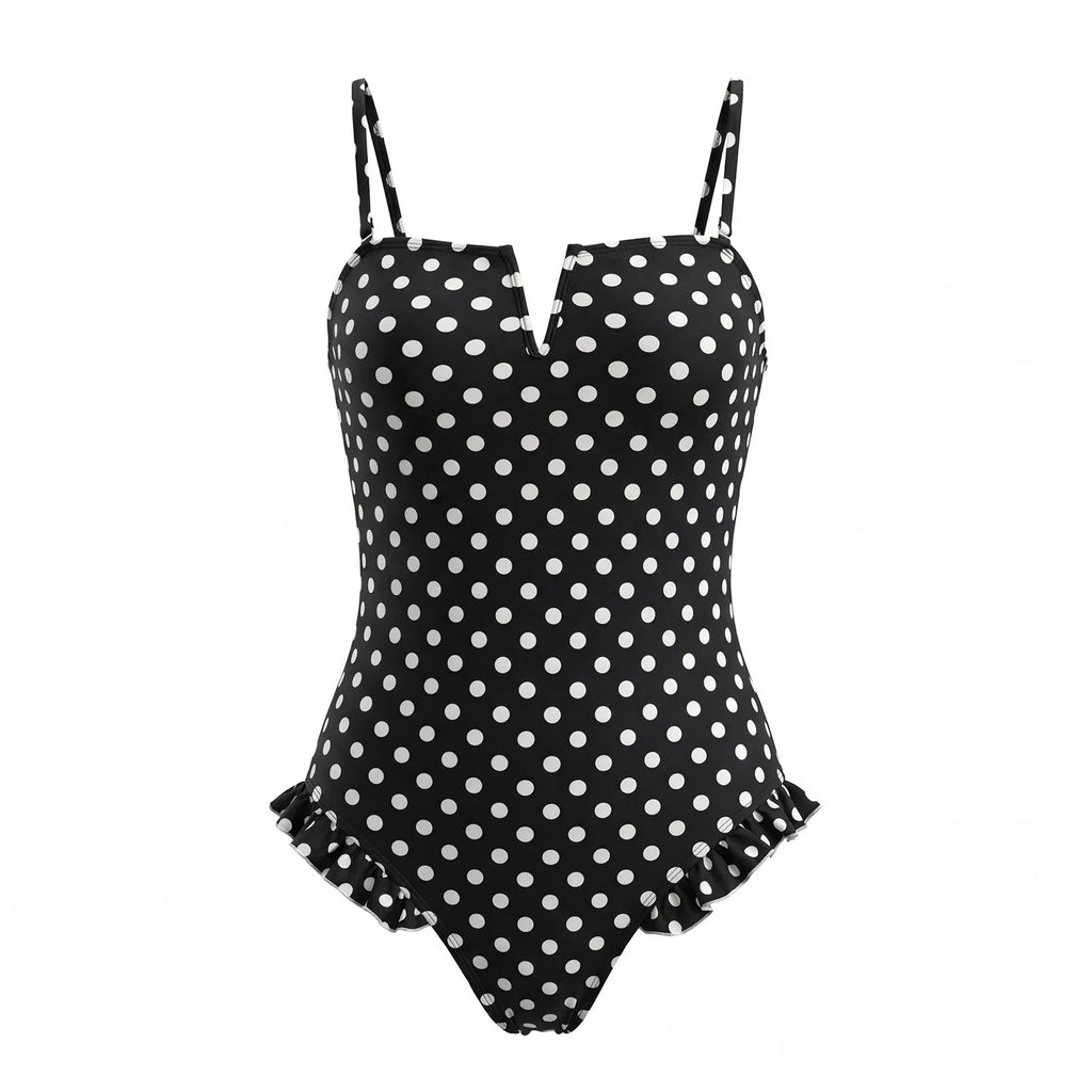 Black polka dot tummy control swimsuit for stylish beach days