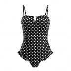 Black polka dot tummy control swimsuit for stylish beach days
