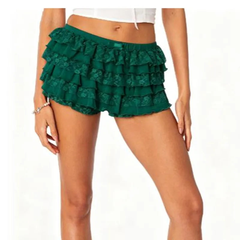 Women's green tutu shorts, stylish ruffled design for casual wear
