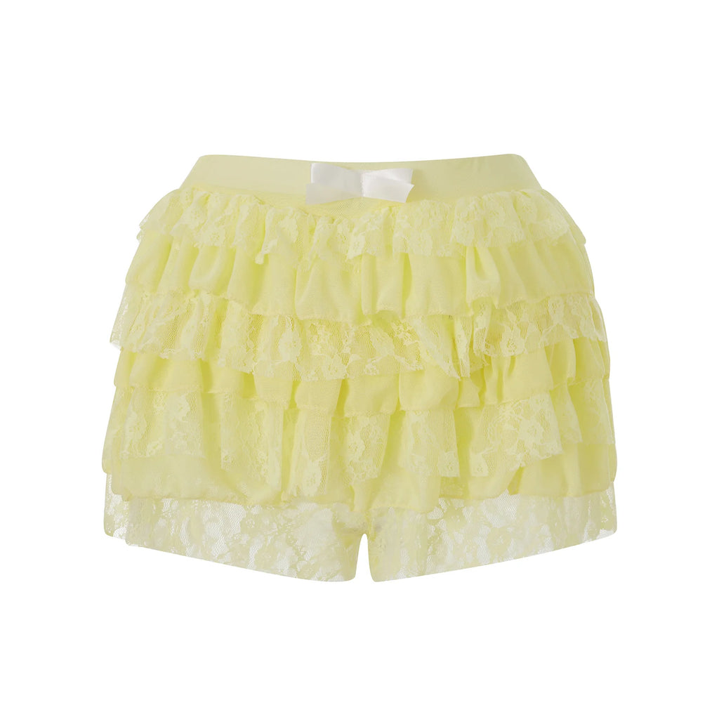Women's yellow tutu shorts with lace ruffles for summer fun