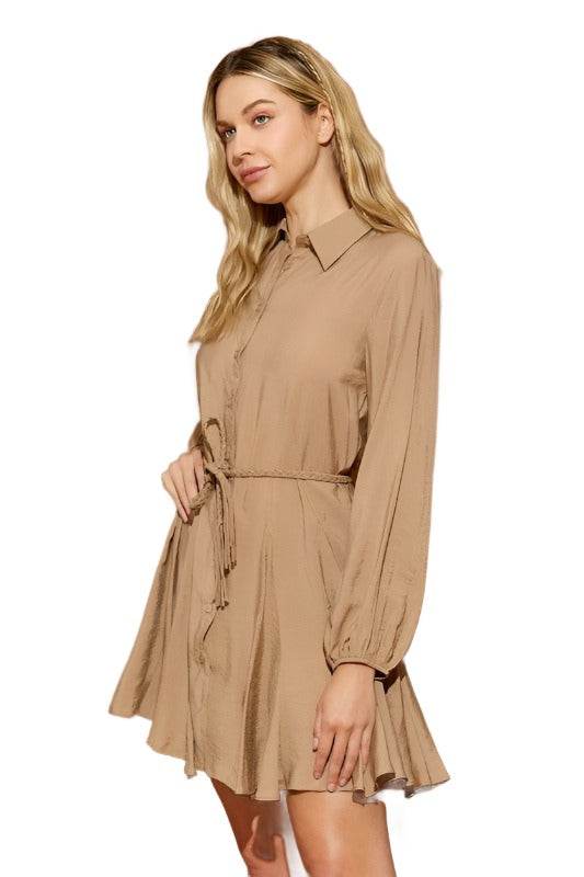 Mustard Seed twisted belt shirt dress in beige with long sleeves and a stylish flared skirt