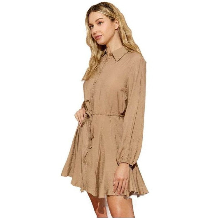Mustard Seed twisted belt shirt dress in beige with long sleeves and a stylish flared skirt