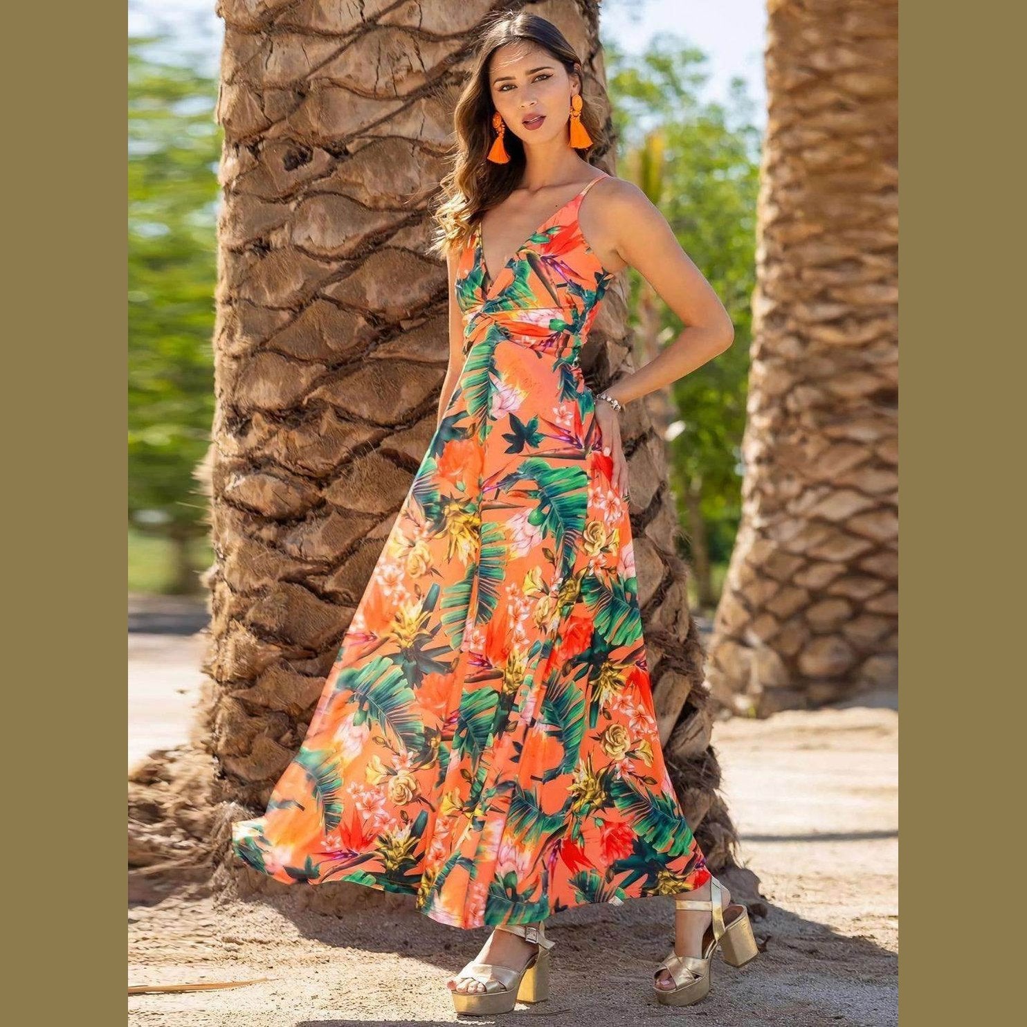 Twisted Printed V-Neck Cami Dress - VacationGrabs