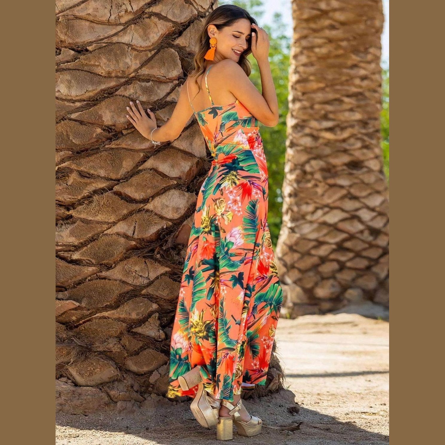 Twisted Printed V-Neck Cami Dress - VacationGrabs