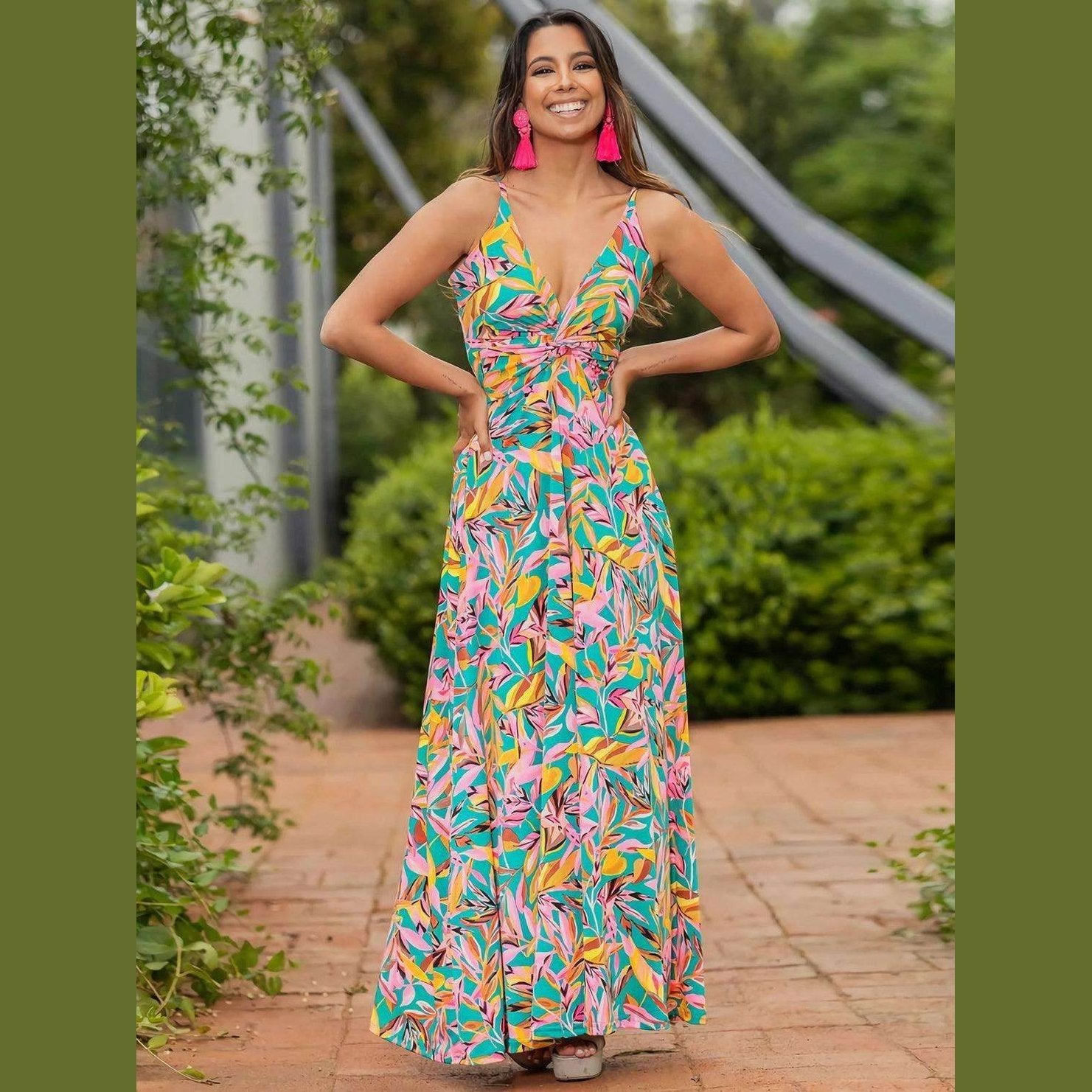 Twisted Printed V-Neck Cami Dress - VacationGrabs
