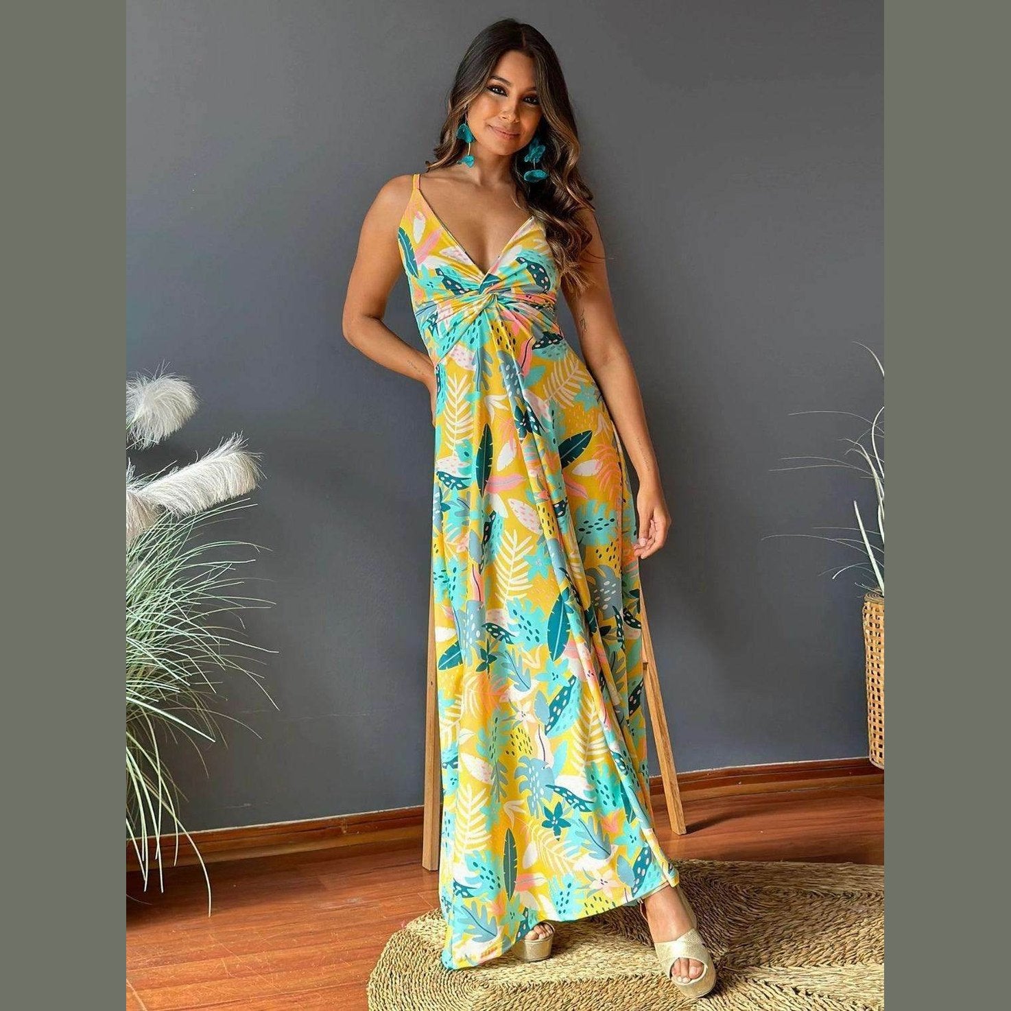 Twisted Printed V-Neck Cami Dress - VacationGrabs